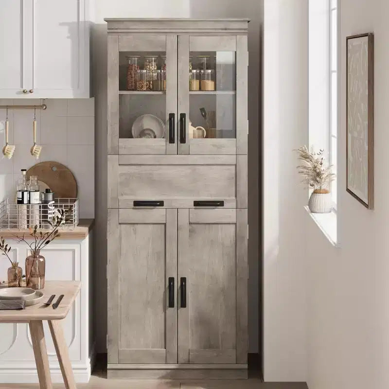 67 Inch Tall Cabinet with 4 Doors & Flip Glass Drawer, Storage Cabinet with Adjustable Shelves, Freestanding Organizer for Kitchen Pantry Living Room