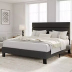 Bed Frame Platform Bed with Adjustable Headboard, Linen Fabric Upholstered and Wooden Slats Support, Easy Assembly, Dark Grey