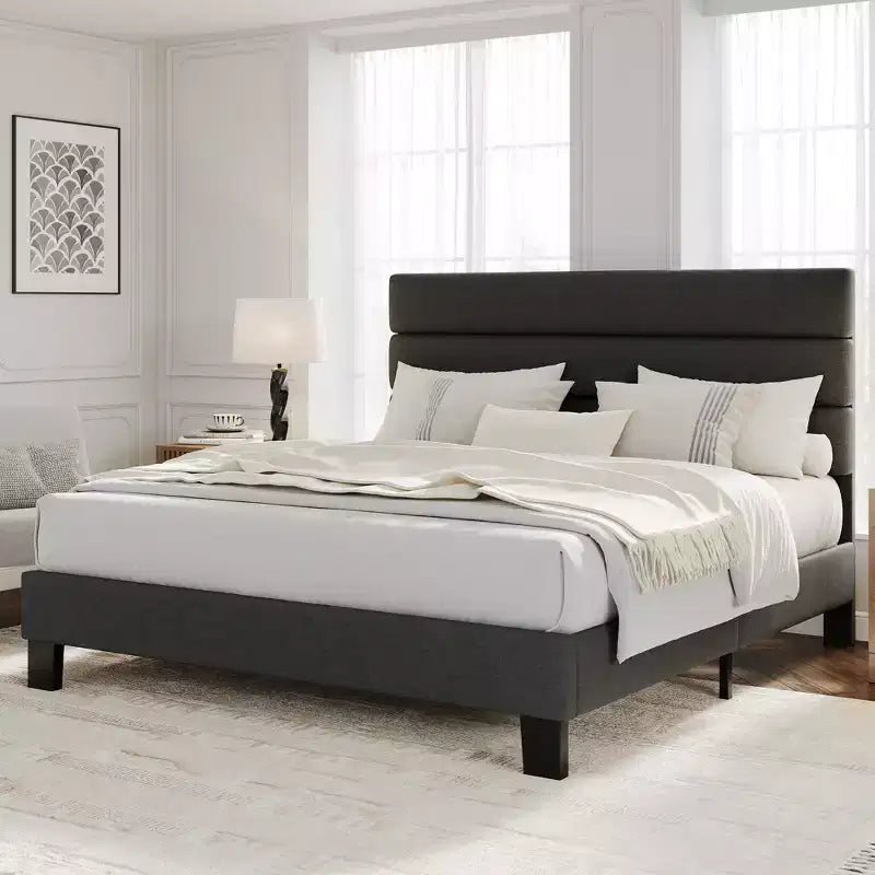 Bed Frame Platform Bed with Adjustable Headboard, Linen Fabric Upholstered and Wooden Slats Support, Easy Assembly, Dark Grey