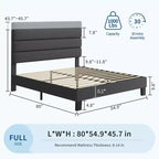Cadre de lit plateforme avec tête de lit réglable, revêtement en tissu lin et support à lattes en bois, montage facile, gris foncé