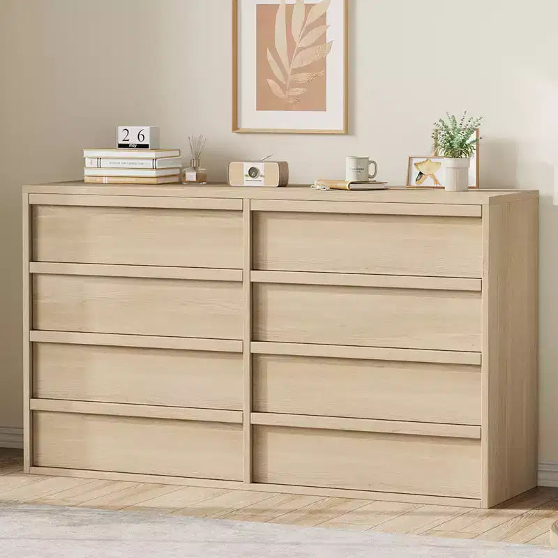 Garvee 8 Drawer Dresser for Bedroom, 54 Natural Double Dresser Organizer with Concave Handle, Modern Chest of Drawer for Bedroom Living Room Nursery