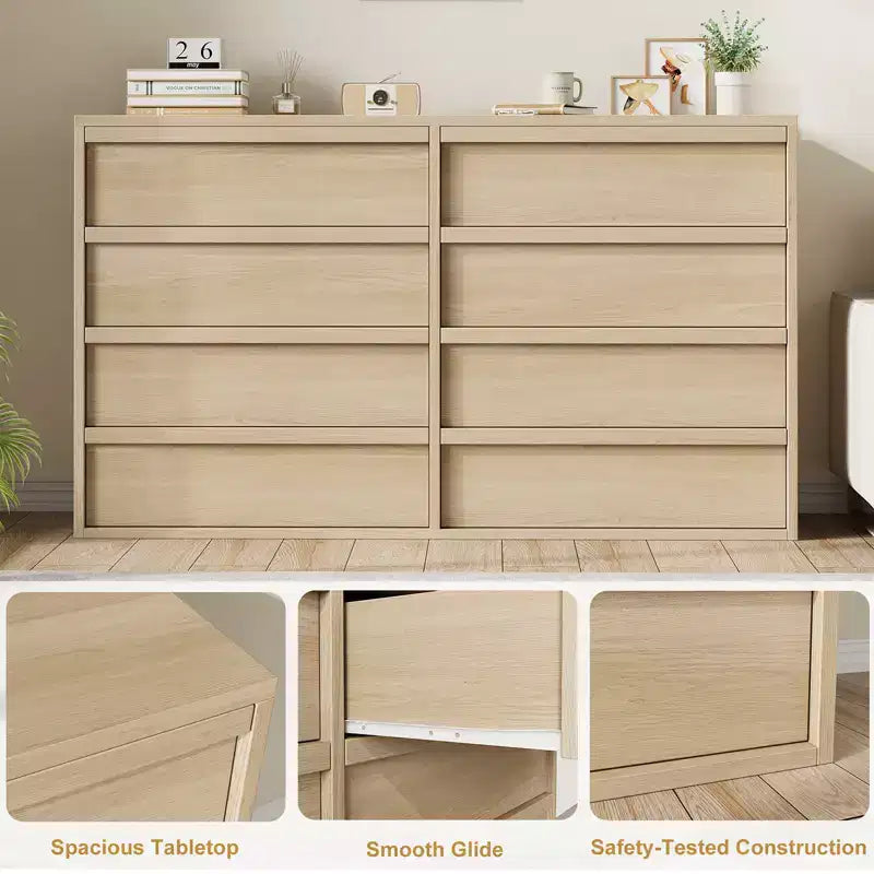 Commode 8 tiroirs Garvee pour chambre à coucher, organisateur double de 54 po en bois naturel avec poignée concave, commode moderne pour chambre à coucher, salon, chambre d'enfant