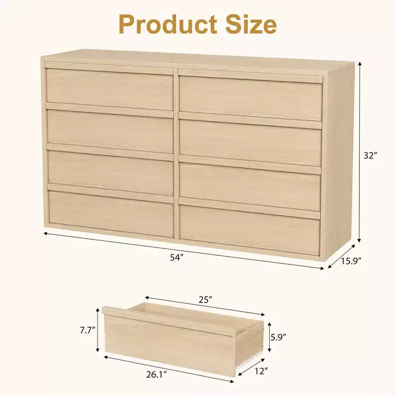Commode 8 tiroirs Garvee pour chambre à coucher, organisateur double de 54 po en bois naturel avec poignée concave, commode moderne pour chambre à coucher, salon, chambre d'enfant