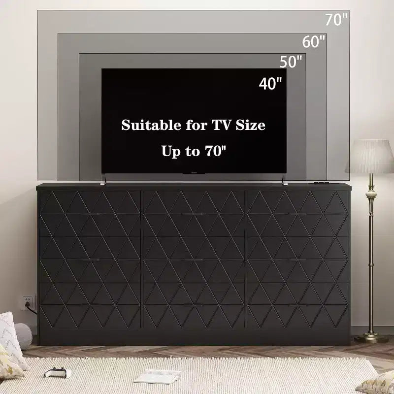 Commode en bois de 63 po pour chambre à coucher avec prise USB, grande commode moderne, organisateur de rangement pour salon, placard, couloir ou bureau