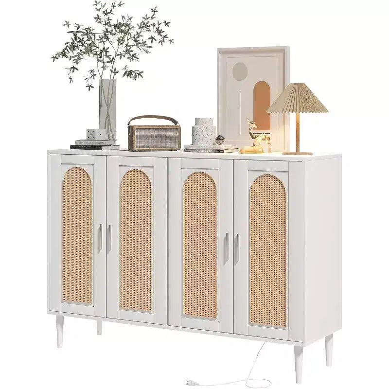 Meuble de buffet en rotin Acekool avec prise de courant et étagères réglables, buffet de rangement pour cuisine, salle à manger, entrée (noir)