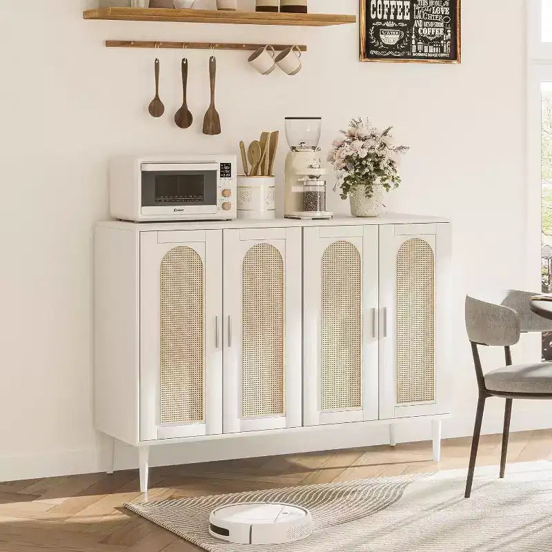 Meuble de buffet en rotin Acekool avec prise de courant et étagères réglables, buffet de rangement pour cuisine, salle à manger, entrée (noir)