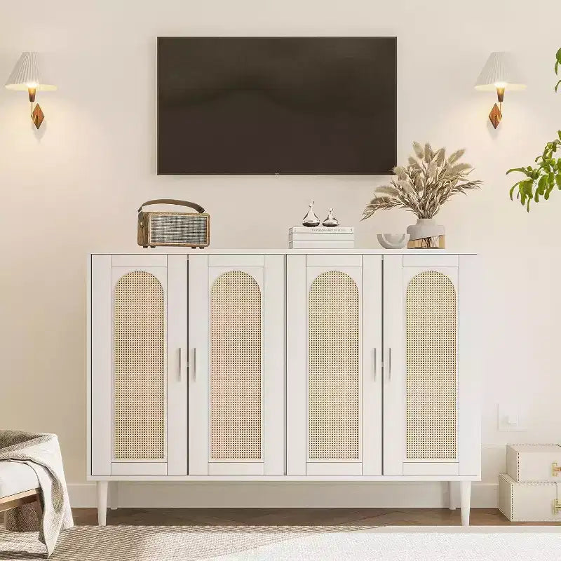 Meuble de buffet en rotin Acekool avec prise de courant et étagères réglables, buffet de rangement pour cuisine, salle à manger, entrée (noir)