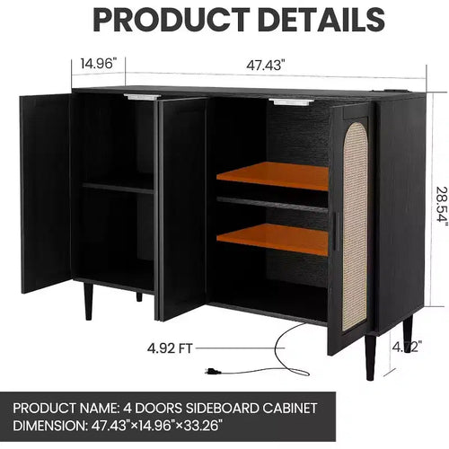 Meuble de buffet en rotin Acekool avec prise de courant et étagères réglables, buffet de rangement pour cuisine, salle à manger, entrée (noir)