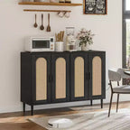 Meuble de buffet en rotin Acekool avec prise de courant et étagères réglables, buffet de rangement pour cuisine, salle à manger, entrée (noir)