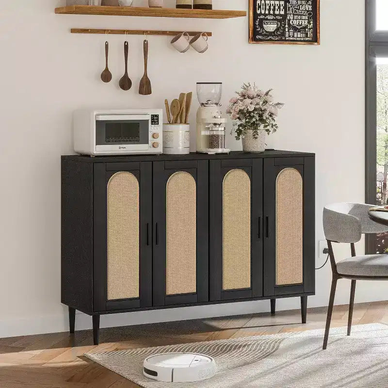 Meuble de buffet en rotin Acekool avec prise de courant et étagères réglables, buffet de rangement pour cuisine, salle à manger, entrée (noir)