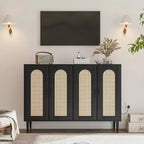 Meuble de buffet en rotin Acekool avec prise de courant et étagères réglables, buffet de rangement pour cuisine, salle à manger, entrée (noir)