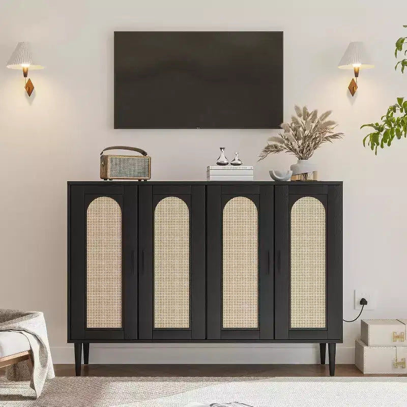 Meuble de buffet en rotin Acekool avec prise de courant et étagères réglables, buffet de rangement pour cuisine, salle à manger, entrée (noir)