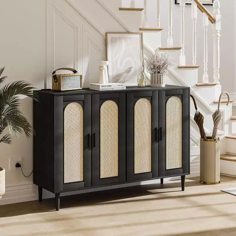 Meuble de buffet en rotin Acekool avec prise de courant et étagères réglables, buffet de rangement pour cuisine, salle à manger, entrée (noir)
