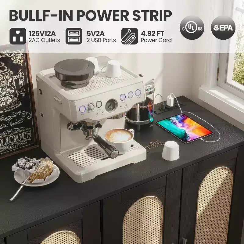 Meuble de buffet en rotin Acekool avec prise de courant et étagères réglables, buffet de rangement pour cuisine, salle à manger, entrée (noir)
