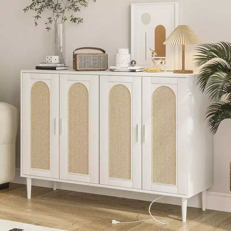 Meuble de buffet en rotin Acekool avec prise de courant et étagères réglables, buffet de rangement pour cuisine, salle à manger, entrée (noir)