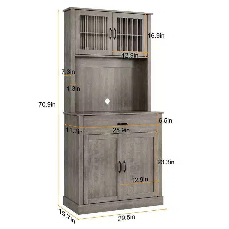 Meuble de rangement haut de cuisine de 180 cm avec support pour micro-ondes, buffet indépendant avec portes en verre et étagères pour salle à manger et maison