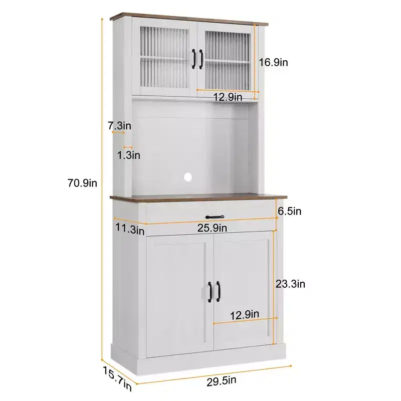 Meuble de rangement haut de cuisine de 180 cm avec support pour micro-ondes, buffet indépendant avec portes en verre et étagères pour salle à manger et maison