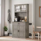 71 Tall Kitchen Pantry Cabinet with Microwave Stand, Freestanding Hutch Buffet Storage with Glass Doors & Shelves for Dining Room & Home