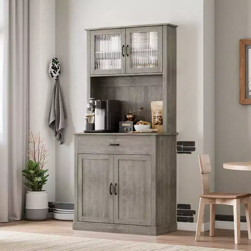 71 Tall Kitchen Pantry Cabinet with Microwave Stand, Freestanding Hutch Buffet Storage with Glass Doors & Shelves for Dining Room & Home