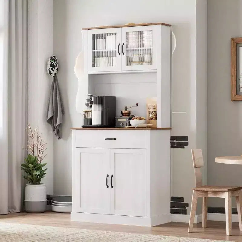 Meuble de rangement haut de cuisine de 180 cm avec support pour micro-ondes, buffet indépendant avec portes en verre et étagères pour salle à manger et maison