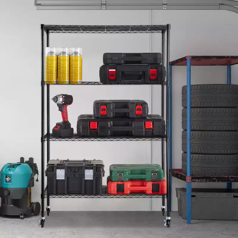 Étagère de rangement VEVOR sur roulettes, 4 niveaux réglables, capacité de 317 kg, étagères de garage robustes en métal, organiseur en fil de fer, noir