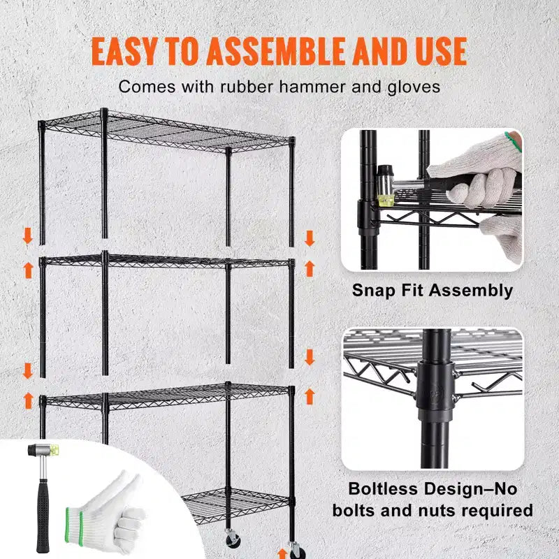 Étagère de rangement VEVOR sur roulettes, 4 niveaux réglables, capacité de 317 kg, étagères de garage robustes en métal, organiseur en fil de fer, noir