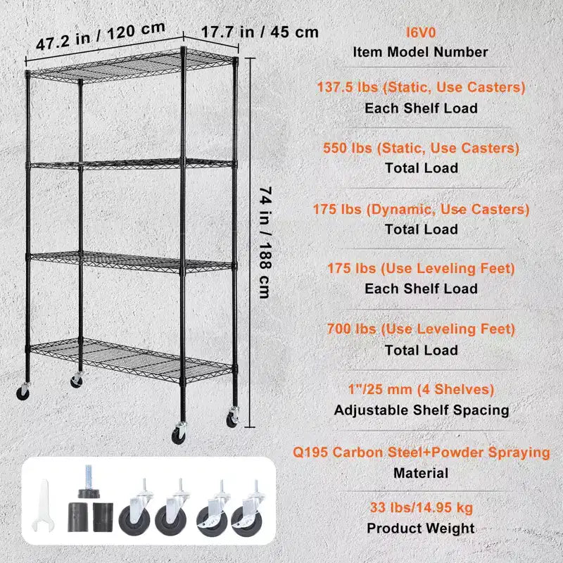 Étagère de rangement VEVOR sur roulettes, 4 niveaux réglables, capacité de 317 kg, étagères de garage robustes en métal, organiseur en fil de fer, noir