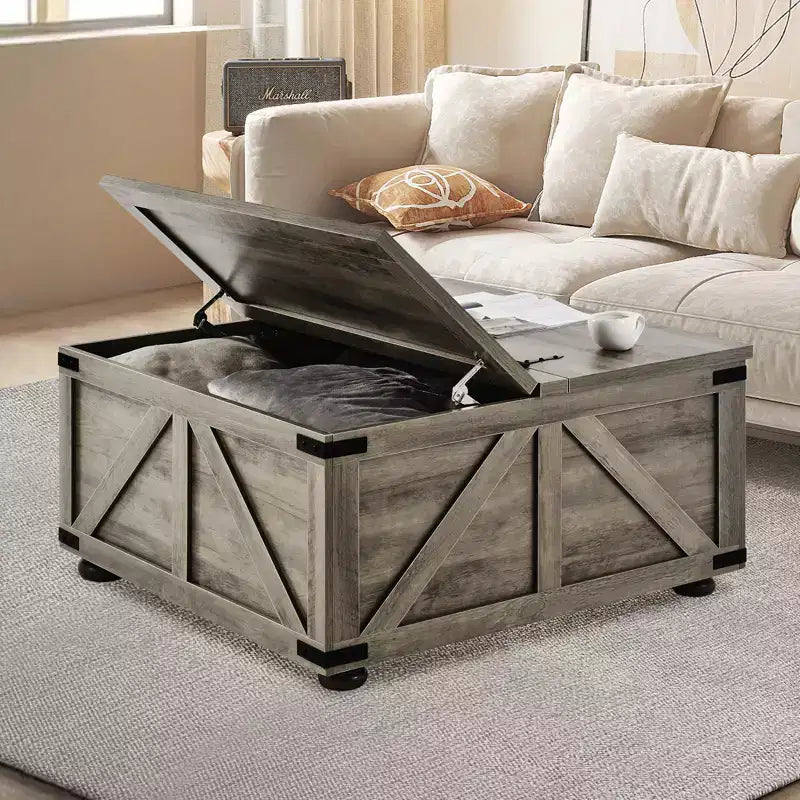 Table basse de ferme VEVOR de 91 cm, table basse carrée à charnières avec grand compartiment de rangement, table basse de cocktail rustique en bois