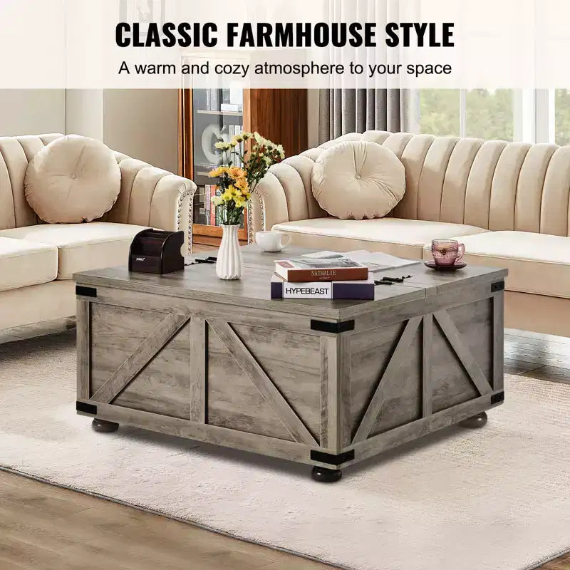 Table basse de ferme VEVOR de 91 cm, table basse carrée à charnières avec grand compartiment de rangement, table basse de cocktail rustique en bois