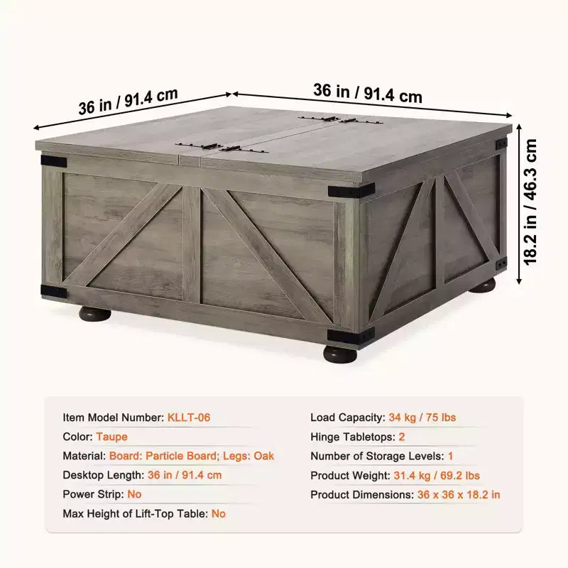 Table basse de ferme VEVOR de 91 cm, table basse carrée à charnières avec grand compartiment de rangement, table basse de cocktail rustique en bois