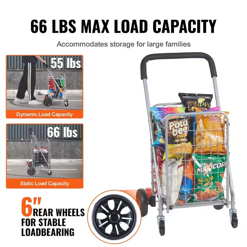 Chariot de courses pliable VEVOR, capacité de charge maximale de 30 kg, chariot utilitaire d'épicerie avec roues pivotantes, panier à linge pliable robuste, argent