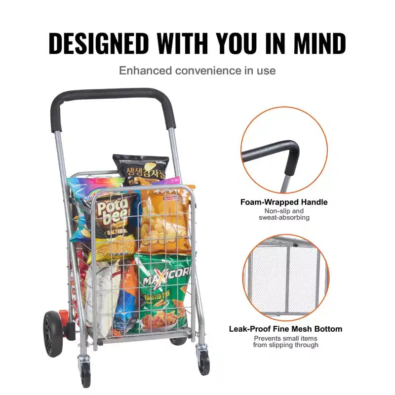 Chariot de courses pliable VEVOR, capacité de charge maximale de 30 kg, chariot utilitaire d'épicerie avec roues pivotantes, panier à linge pliable robuste, argent