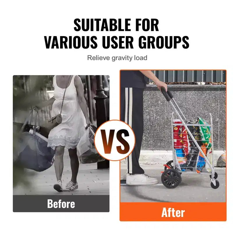 Chariot de courses pliable VEVOR, capacité de charge maximale de 30 kg, chariot utilitaire d'épicerie avec roues pivotantes, panier à linge pliable robuste, argent