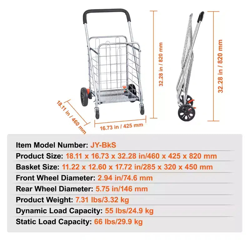 Chariot de courses pliable VEVOR, capacité de charge maximale de 30 kg, chariot utilitaire d'épicerie avec roues pivotantes, panier à linge pliable robuste, argent