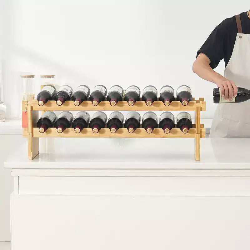 VEVOR Casier à vin empilable modulaire 18 bouteilles, étagères de rangement en bambou massif à 2 niveaux, porte-bouteilles de vin sur pied, couleur naturelle