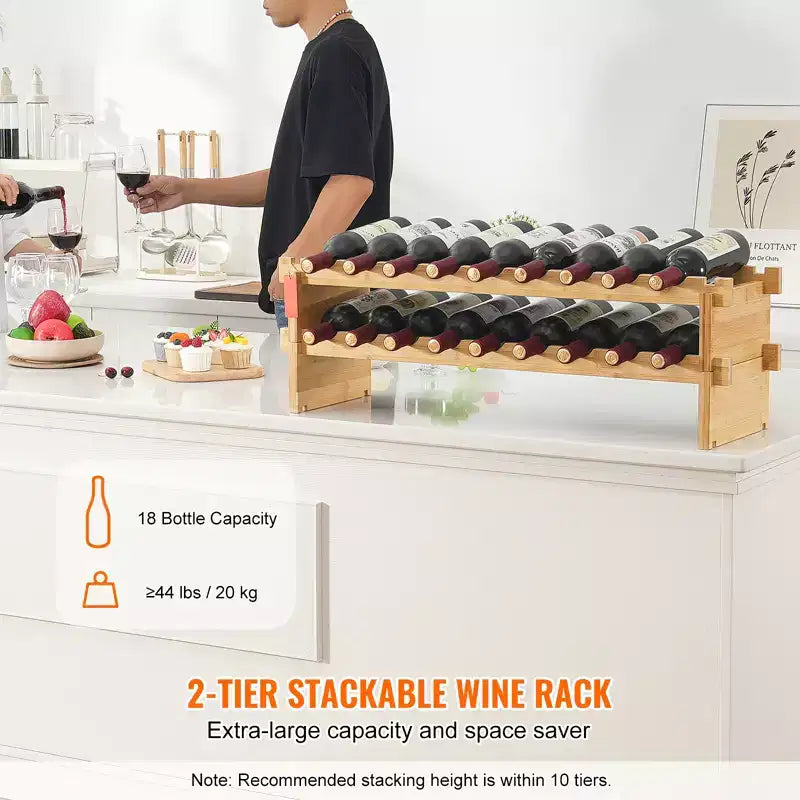 VEVOR Casier à vin empilable modulaire 18 bouteilles, étagères de rangement en bambou massif à 2 niveaux, porte-bouteilles de vin sur pied, couleur naturelle