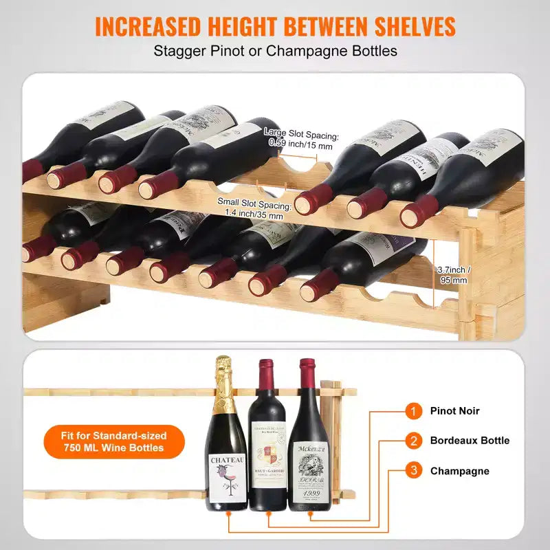 VEVOR Casier à vin empilable modulaire 18 bouteilles, étagères de rangement en bambou massif à 2 niveaux, porte-bouteilles de vin sur pied, couleur naturelle