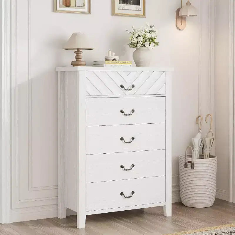 45.2 Farmhouse 5 Dresser, Modern Chest of Drawers, Wooden Closet Storage Chest, for Closet, Living Room & Hallway