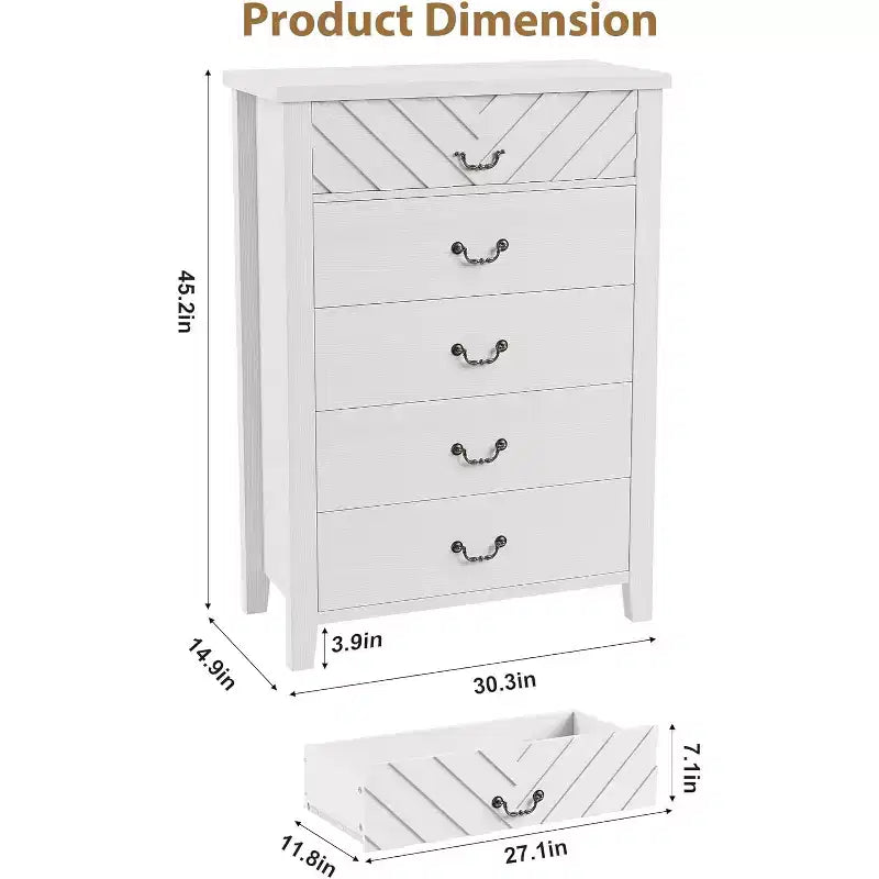 45.2 Commode de ferme 5 tiroirs, commode moderne, coffre de rangement en bois, pour placard, salon et couloir