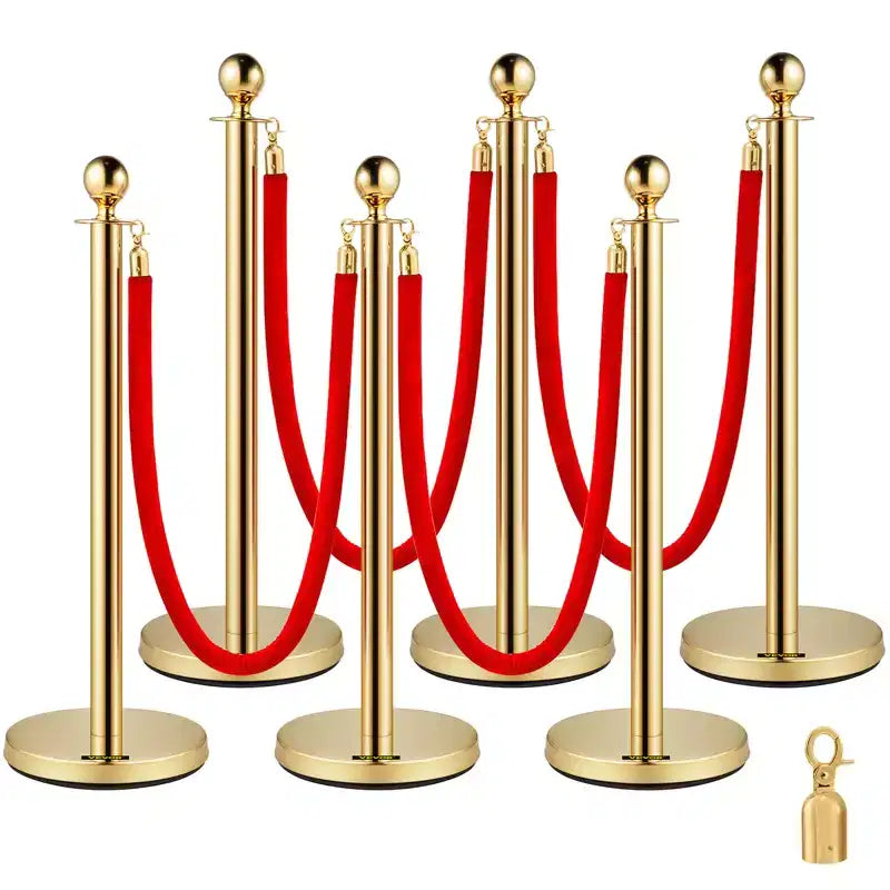 VEVOR 6-Pack Stainless Steel Gold-Colored Stanchion Set with Red Retractable Rope, 38 Inches - Suitable for Indoor & Outdoor