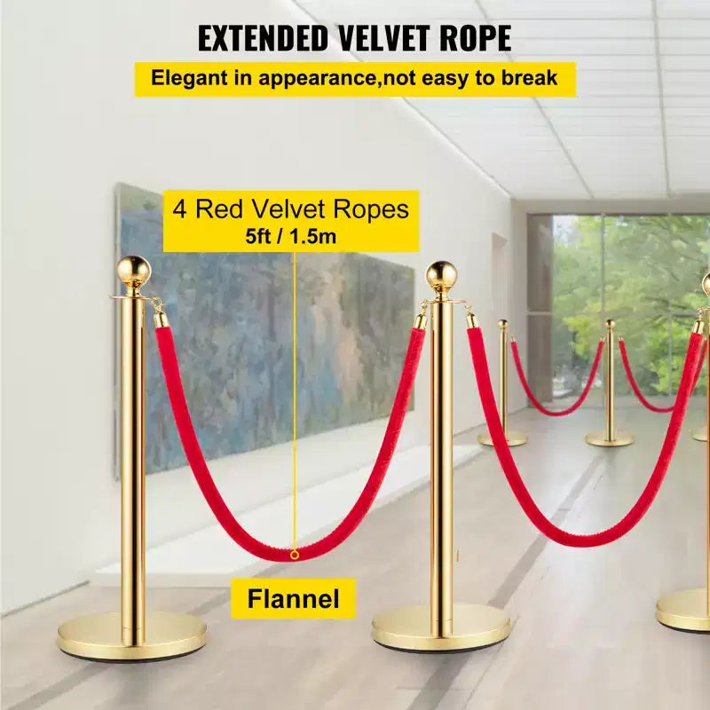 VEVOR Lot de 6 Poteaux de Guidage en Acier Inoxydable Doré avec Cordon Rétractable Rouge, 96,5 cm - Convient pour l'Intérieur et l'Extérieur