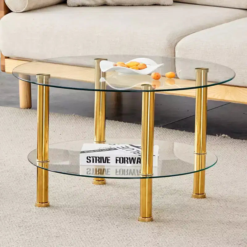 Table basse ronde en verre trempé Table basse cocktail Table d'appoint canapé Table basse centrale, Minimaliste 2 niveaux, Pieds en acier inoxydable plaqué or/argent-ModernLuxe