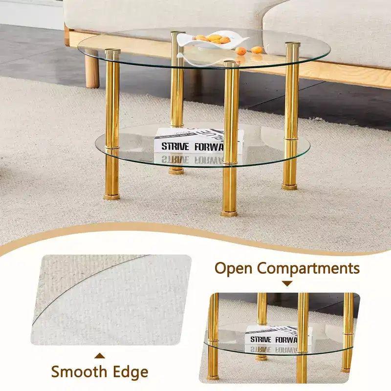 Table basse ronde en verre trempé Table basse cocktail Table d'appoint canapé Table basse centrale, Minimaliste 2 niveaux, Pieds en acier inoxydable plaqué or/argent-ModernLuxe