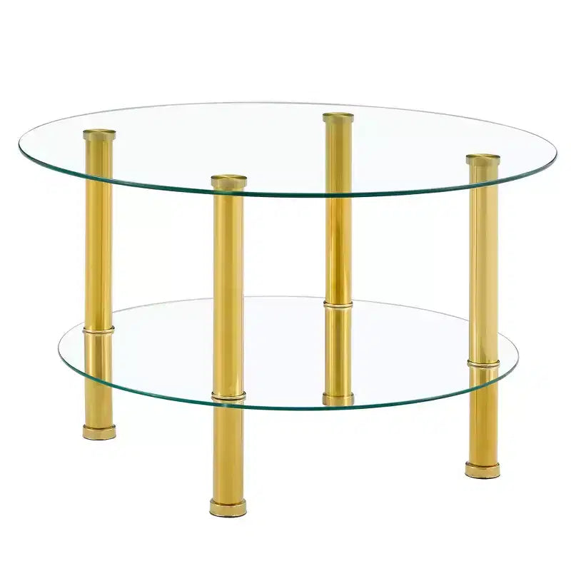 Table basse ronde en verre trempé Table basse cocktail Table d'appoint canapé Table basse centrale, Minimaliste 2 niveaux, Pieds en acier inoxydable plaqué or/argent-ModernLuxe