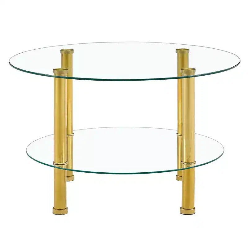 Table basse ronde en verre trempé Table basse cocktail Table d'appoint canapé Table basse centrale, Minimaliste 2 niveaux, Pieds en acier inoxydable plaqué or/argent-ModernLuxe