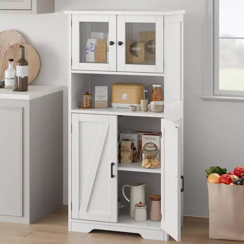 Meuble de cuisine de 137 cm de haut, meuble de rangement de style ferme avec portes vitrées et étagères réglables