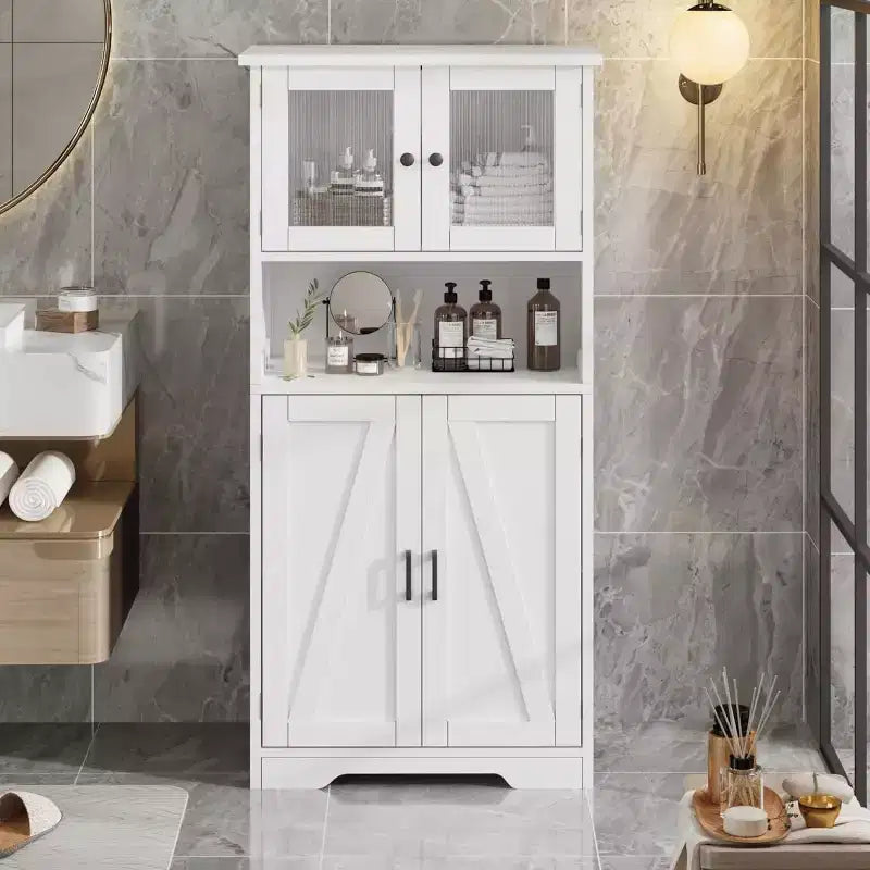 Meuble de cuisine de 137 cm de haut, meuble de rangement de style ferme avec portes vitrées et étagères réglables