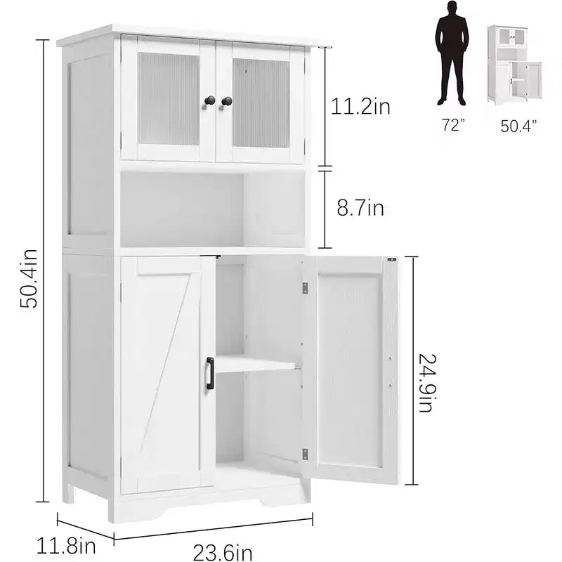 Meuble de cuisine de 137 cm de haut, meuble de rangement de style ferme avec portes vitrées et étagères réglables