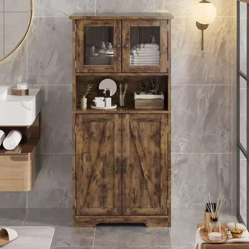 Meuble de cuisine de 137 cm de haut, meuble de rangement de style ferme avec portes vitrées et étagères réglables