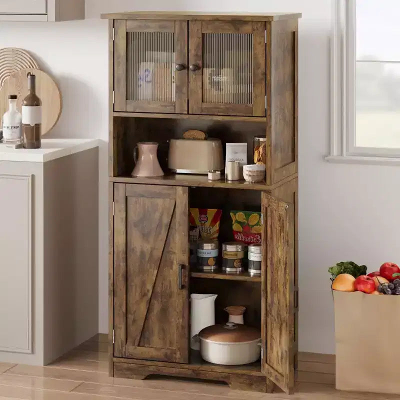 Meuble de cuisine de 137 cm de haut, meuble de rangement de style ferme avec portes vitrées et étagères réglables